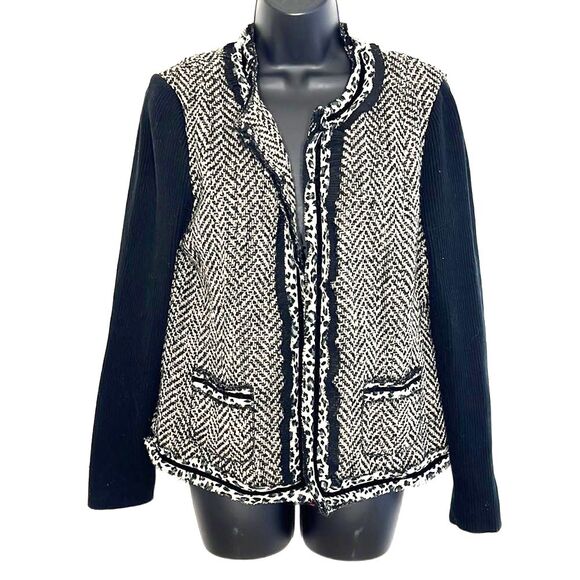 Chico’s Animal Print Tweed Chevron Bone Wool Blend Cardigan Black White Medium - Picture 1 of 7